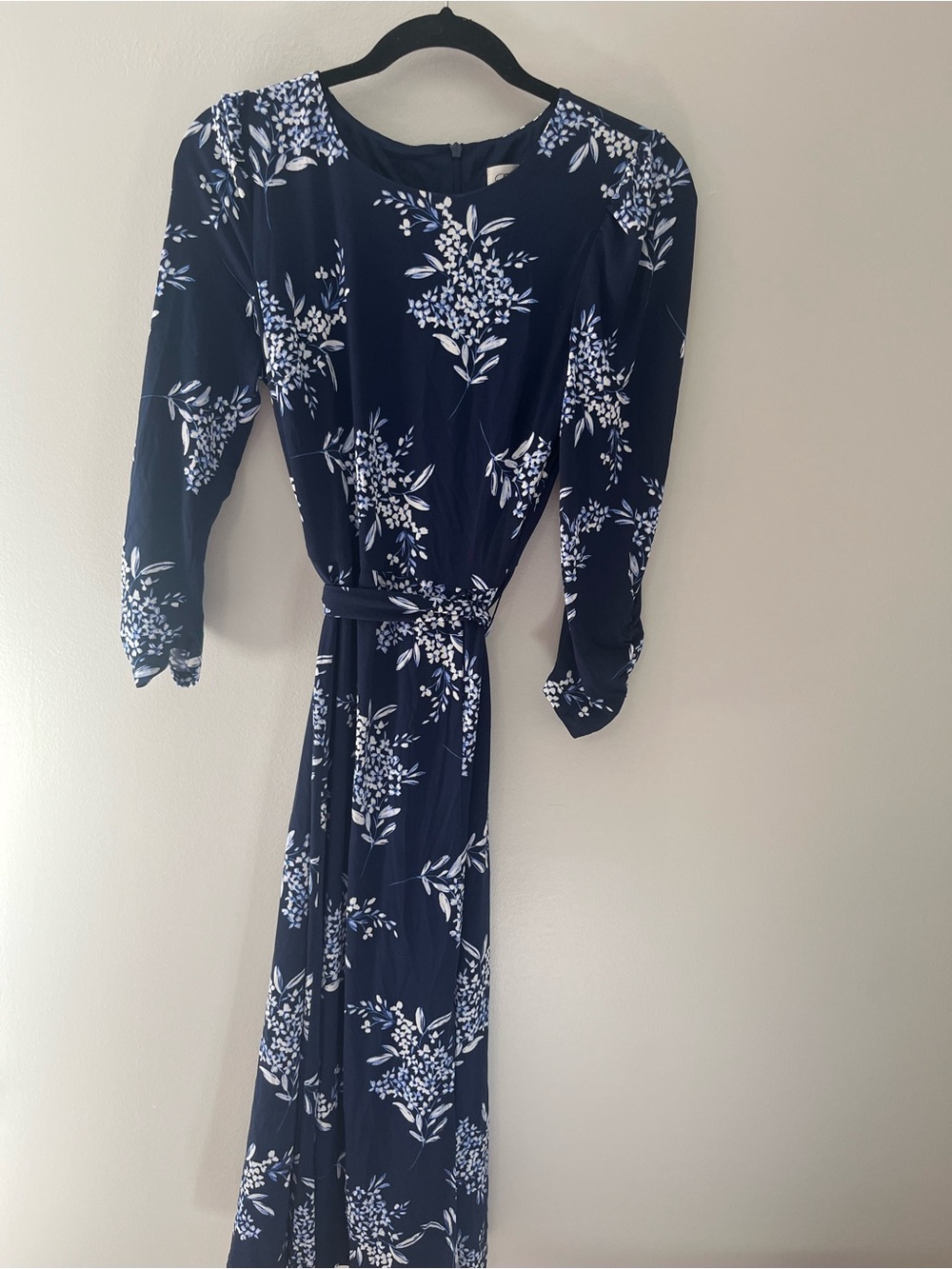 Eliza J Navy and White Floral Midi Dress with Tie Waist - Picture 2 of 4